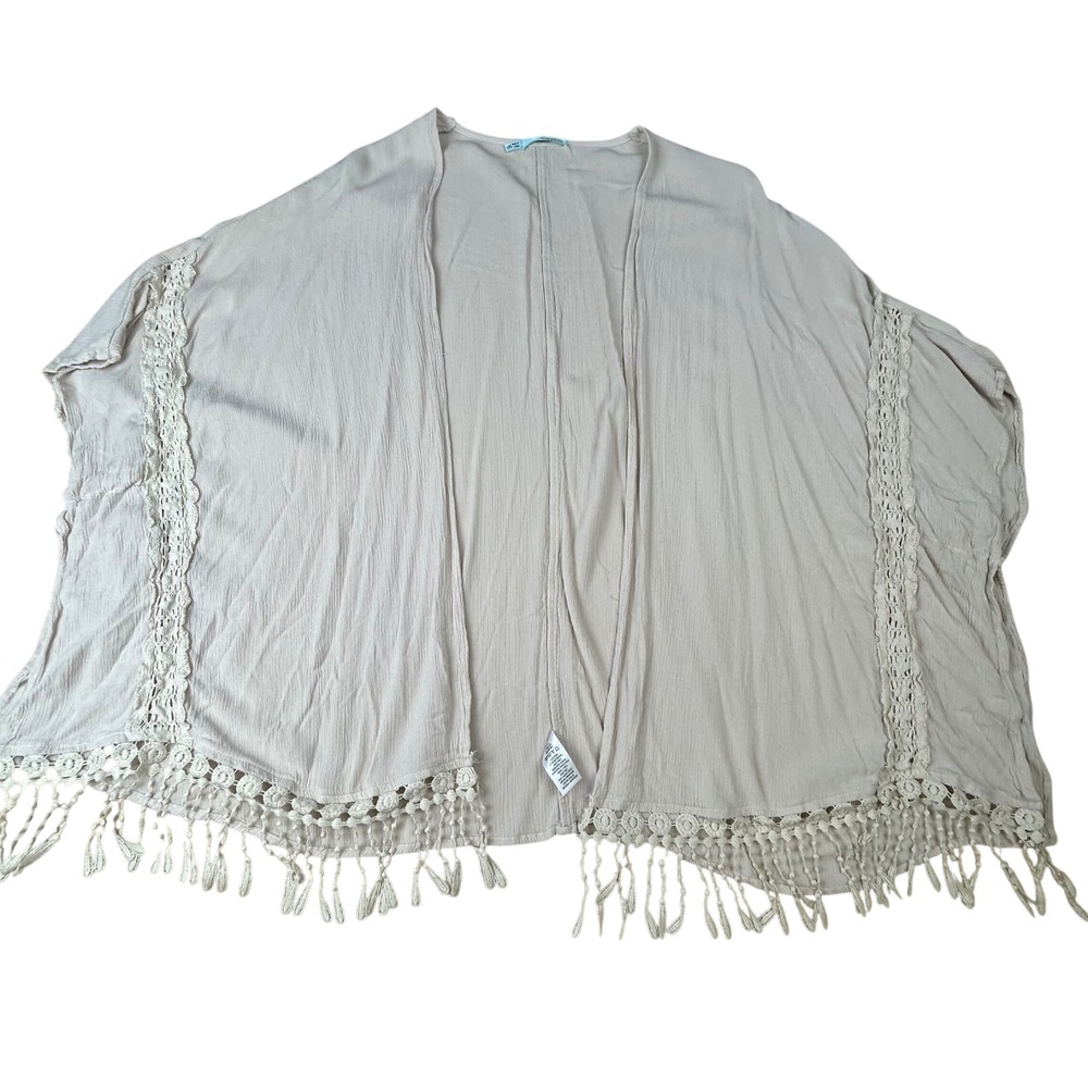Maurices Womens Kimono Wrap Beige Boho Crochet Lace Trim Tassel Fringe L/XL